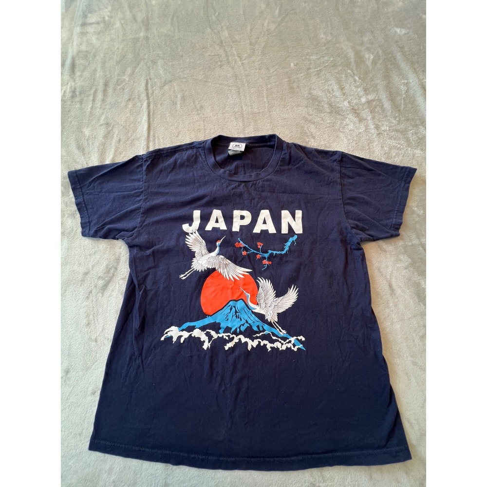 RR Japan Graphic T-Shirt Mens Large Navy Blue Mt Fuji Cranes Sun Tee